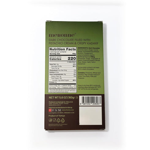 160g Meronne Dubai Chocolate Bar Dark Chocolate with Premium Pistachio Cream & Crispy Kadayif