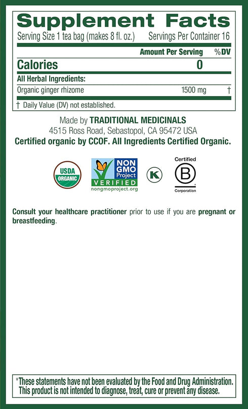 96 (6 Pack) Traditional Medicinals Tea, Organic Ginger, Healthy Digestion, Pleasantly Spicy & Warming, Kosher, Non-GMO