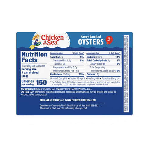 3.75-Ounce (Pack 18) Chicken of the Sea Fancy Smoked Oysters in Oil, Canned Oysters, Great for Recipes, Cans