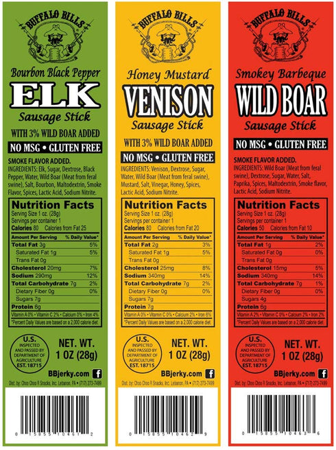1oz Buffalo Bills Exotic Game Meat Sausage Sticks (mixed sticks - elk, venison and wild boar)