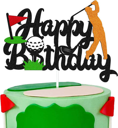 Golf Birthday Cake Topper, Happy Birthday Sign for Sport Themed Party Decorations, Black Glitter Décor