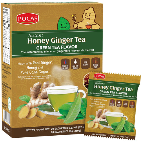 Pocas Honey Ginger Instant Tea Powder, Green Tea Flavor, Ginger Extract & Real