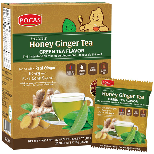 Pocas Honey Ginger Instant Tea Powder, Green Tea Flavor, Ginger Extract & Real