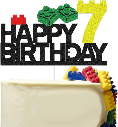 Building Block Birthday Party Supplies, Cake Topper Decorations for Building Block Party Decor, 7
