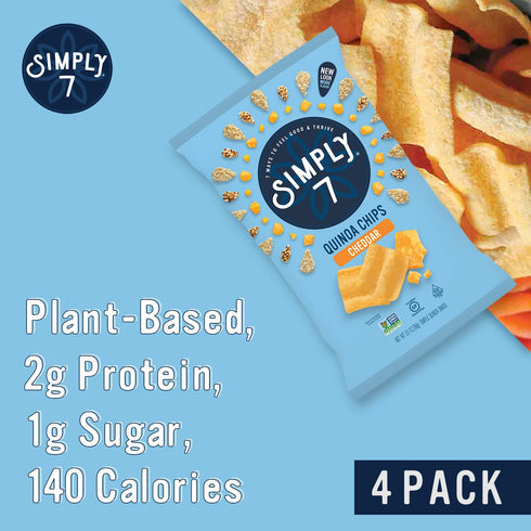 7 4 Pack, 3.5oz Simply Quinoa Chips Cheddar, Gluten-Free Vegan Snack, Low Calorie Plant-Based Protein Crunch, Nut-Free