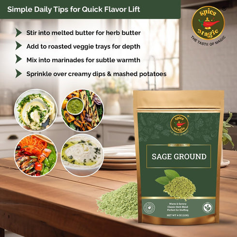 4 oz (113g)- Spice Magic Ground Sage, Premium Ground Herb for Savory Dishes, Perfect for Stuffing, Sausages, Poultry