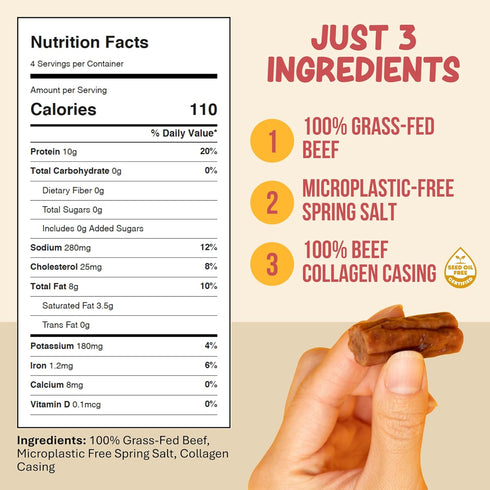 10g 4 oz Grazly Plain Beef Stick Ends Made With Only Grass-Fed Beef, Spring Salt & Collagen Casing Bite-Sized
