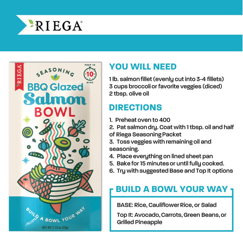 1.13 oz, 8 Count Riega BBQ Glazed Salmon Bowl Seasoning Blend, Organic Spice Mix for Seafood and Salad