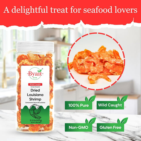 5.2 Oz, 230 Byait Dried Louisiana Shrimp Approx. Pieces, Premium Wild-Caught Shrimp, Fresh-Caught & Dehydrated