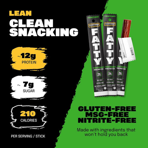 12g 2 oz. FATTY Meat Sticks, Made with Grass Fed Beef, Pork Raised Without Antibiotics, Protein Per Stick, Teriyaki