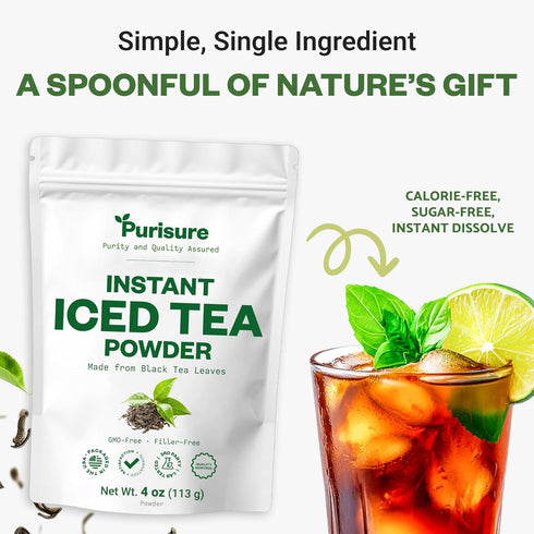 220 4 oz Purisure Unsweetened Instant Black Iced Tea Powder Made from Real Tea Leaves, No Lemon Flavor, Sugarless
