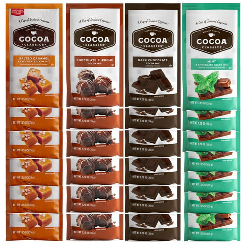 Generic Pack, 34 Count, Packets Cocoa Classics Premium Instant Hot Cocoa Variety Salted Caramel, Chocolate Supreme