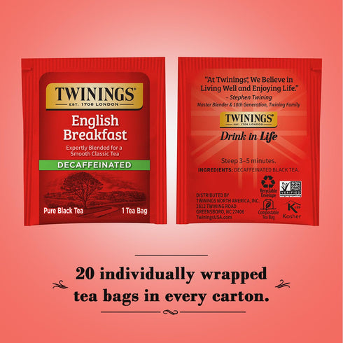 50 Count Twinings English Breakfast Tea, Decaffeinated Black Tea - Lively and Refreshing Decaf Tea Bags Individually