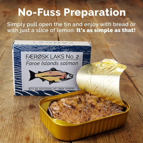 No.2 1 110g Fangst Faerosk Laks | Tinned Faroe Islands Salmon with Sea Buckthorn and Lemon Verbena | x