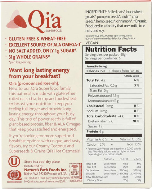 6 Packages 2 Nature's Path Organic Qia? Superfood Chia-Buckwheat & Hemp Cereal Cinnamon Pumpkin Seed -- - pc