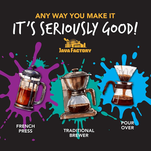 12 Java Factory High Caffeine Ground Coffee, Da Bomb Dark Roast, Double Caffeinated for a Bold, Strong Brew, Ounce Bag