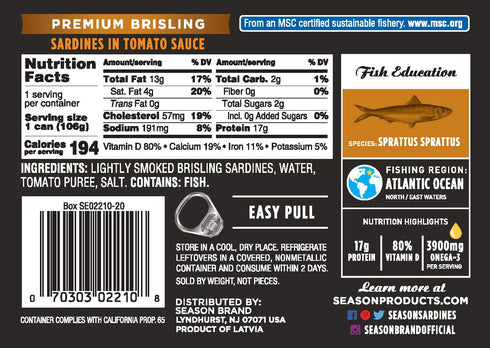 17g 3's 3.75 Oz 12-Pack Season Brisling Sardines in Tomato Sauce - Wild Caught, of Protein, Keto Snacks, More Omega