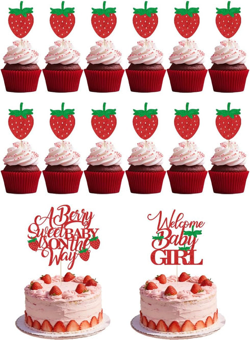 Red Glitter Berry Sweet Baby is on the Way Cake Topper - Strawberry Fruit Theme for Baby Shower & Gender Reveal