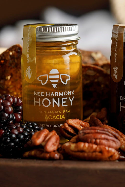 Set, 4 3 OZ Bee Harmony Rare Varietals Honey Flight, Mini Honey Gift Jars, Each, Premium, Raw (Acacia, Buckwheat