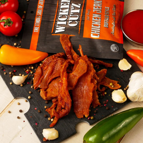 27g (2 Wicked Cutz Buffalo Chicken Jerky, Protein Per Bag, Tender & Easy to Chew Alternative to Chicken Sticks, USA