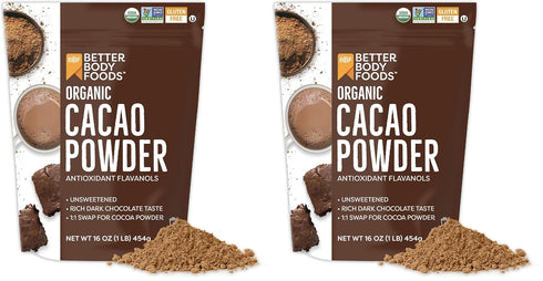 BetterBody Foods Organic Cacao Powder, Rich Chocolate Flavor, Non-GMO, Gluten-Free, Cocoa, 16