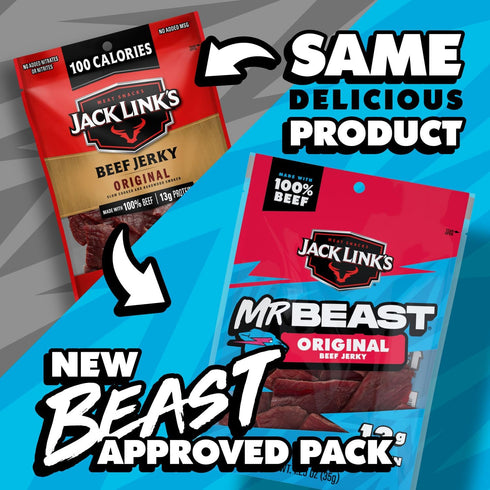 (10 Pack) 1.25 oz 13g 100% Jack Link's x MrBeast Original Beef Jerky - Bags - Ready to Eat Protein Snacks - Protein per