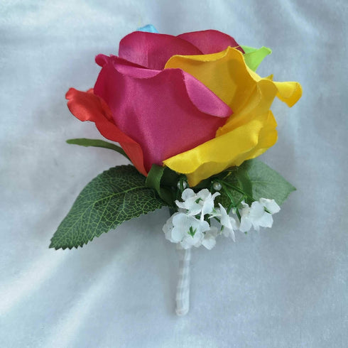 Vibrant Silk Rainbow Rose Bouquet with Boutonniere