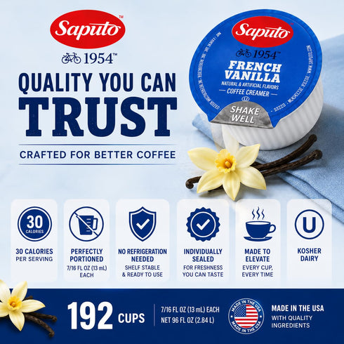192 Count Pack French Vanilla Coffee Creamer Cups Single Serve Non-Dairy Creamer No Refrigeration Needed Rich Vanilla