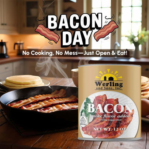 12 oz 5 Pack 1 Werling Fully Cooked Canned Bacon Ready to Eat Smoked Bacon, Shelf Stable up to Years, Long-Term Food