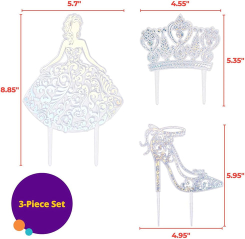 DecoPac Quinceanera Cake Topper - Glitter Cake Topper, Silver Cake Decoration, 3 Piece Set