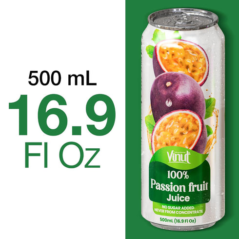 100% 16.9 oz (500 mL) Pack 12 VINUT Passion Fruit Juice, No Added Sugar, Not From Concentrate, fl Can