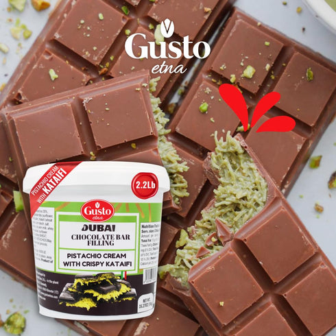 30% 35 oz (1kg), GUSTO ETNA Dubai Pistachio Chocolate Bar Filling- Pistachio Cream with Crispy Kataifi Pistachios