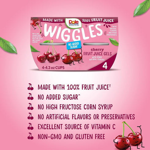 4.3oz 4 Dole Wiggles No Sugar Added Cherry Fruit Juice Gels Snacks, Total Cups, Gluten & Dairy Free, Bulk Lunch Snacks