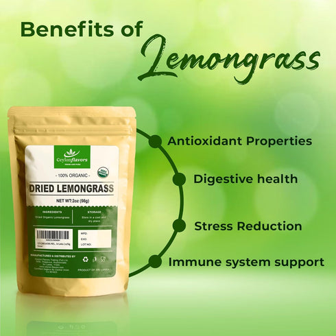 Organic Premium Grade Dried Lemongrass Cut, 2 oz/56g, Harvested from Organic Farm in Sri Lanka