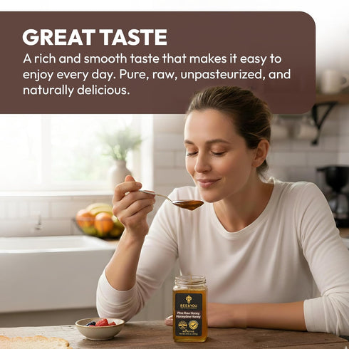 100% (10.6 oz) BEE and YOU Pine Raw Honey, Honeydew Honey, Wild-crafted, Natural, Unprocessed, Enzymes, Antioxidants