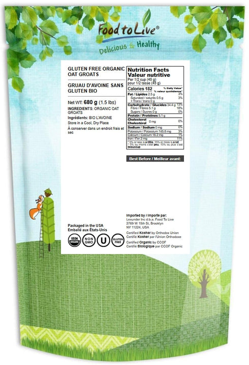 1.5 100% Food to Live Gluten Free Organic Oat Groats, Pounds Whole Grain, Non-GMO Seeds, Raw, Non-Irradiated, Vegan