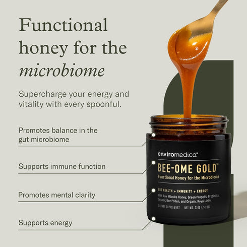 7.4oz Bee-Ome Gold by Enviromedica - Unpasteurized Raw Manuka Honey with Probiotics, Royal Jelly, Bee Pollen