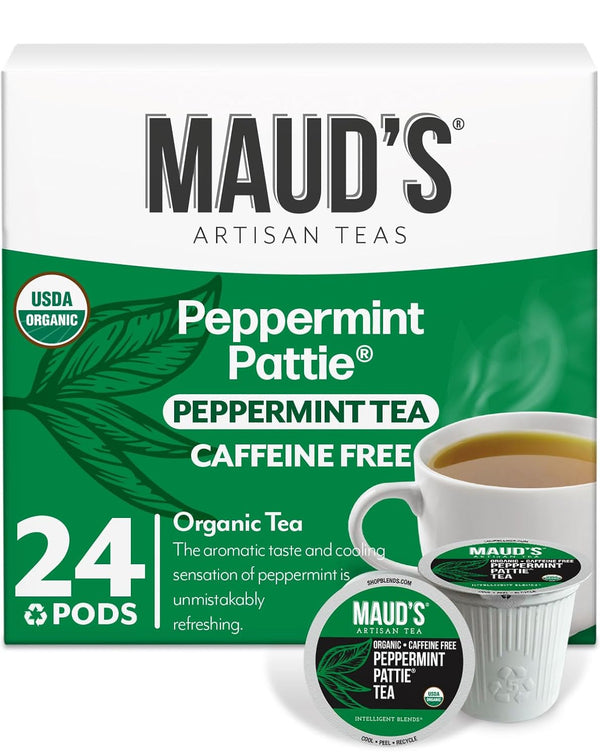 Maud's Organic Peppermint Tea Pods, 24 ct Recyclable Single Serve Pods, Compatible with Keurig K Cups