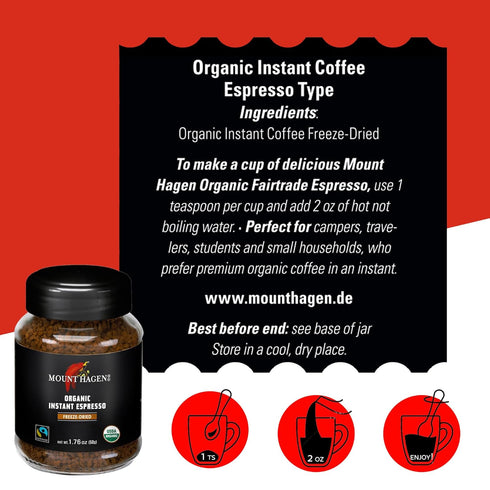 3 Pack, [3x1.76oz/50g Mount Hagen Instant Espresso Coffee Eco-friendly Organic Espresso Coffee Made From Medium Roast