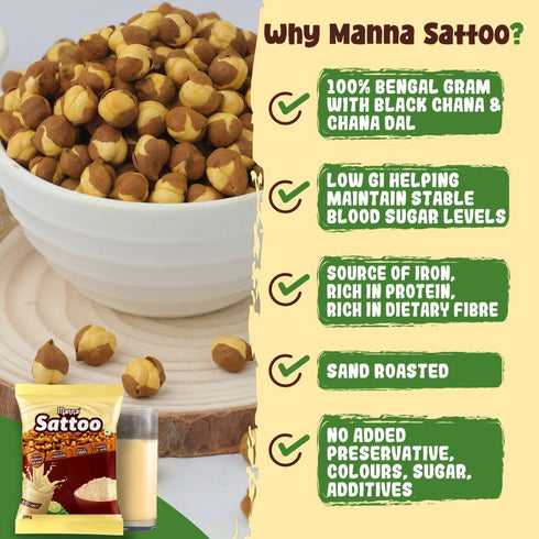 1 (500g 2 Packs) Manna Sattu/Sattoo Drink Mix (Natural) - Indian Protein Mix, High Fibre, Healthy Roasted Chickpeas