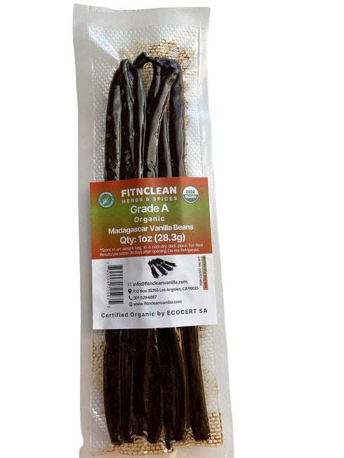 1oz Madagascar Organic Vanilla Beans Gourmet Grade A, Certified USDA Organic 6"-7.5" by FITNCLEAN VANILLA for Cooking