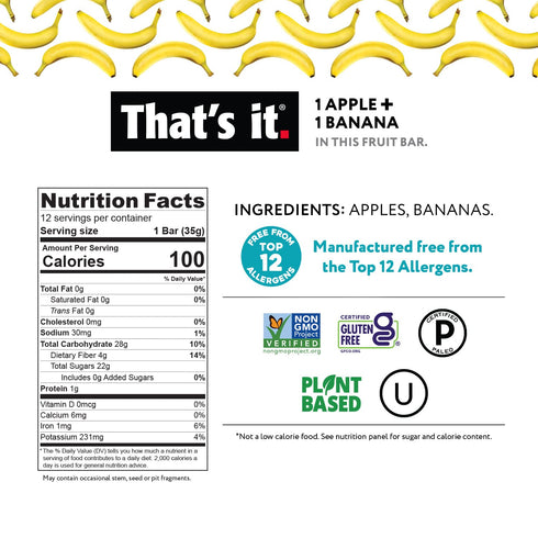 100% (12 Pack) That's it Apple + Banana Natural Real Fruit Bar, Best High Fiber Vegan, Gluten Free Healthy Snack, Paleo