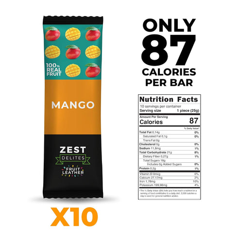 0.88 oz 10 Fruit Snacks by Zest Delites, Fruit Leather, Dried Mango Bars, Healthy Snacks for Adults & Kids, No Sugar