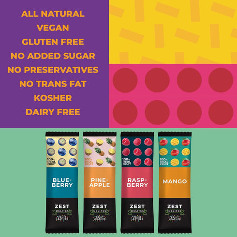 0.88 oz 36 Fruit Snacks by Zest Delites, Fruit Leather Bars, Healthy Snacks for Adults & Kids, Vegan, Dried Apple-Based