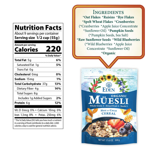 17.6 oz Eden Organic Muesli Cereal, Eat Hot or Cold, Oat, Rye, Wheat, and Spelt Flakes, Raisins, Cranberries, Wild