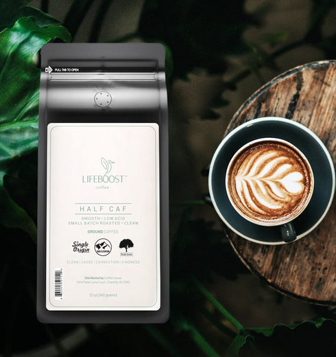 12 Lifeboost Coffee Half Caff Ground Coffee - Low Acid Single Origin USDA Organic Coffee - Non-GMO Ground Coffee Third