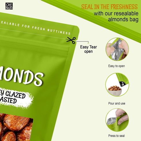 2 lb Packed Oh! Nuts Honey Glazed Roasted Almonds - - High-Protein Whole Almonds - in New York Zip-Seal Bag