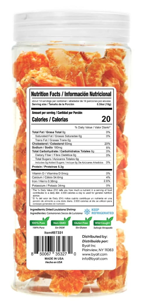 5.2 Oz, 230 Byait Dried Louisiana Shrimp Approx. Pieces, Premium Wild-Caught Shrimp, Fresh-Caught & Dehydrated