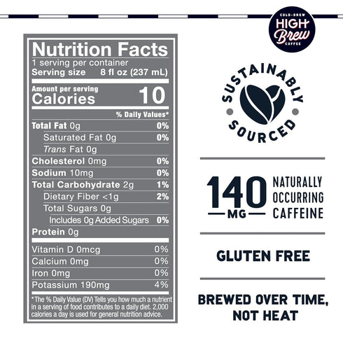 8 (Pack 12) High Brew Black & Bold Cold Brew Coffee, Caffeinated, Dairy Free, Ounces