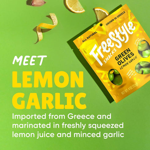 4 Freestyle Snacks, Olives Green Lemon Garlic, Ounce